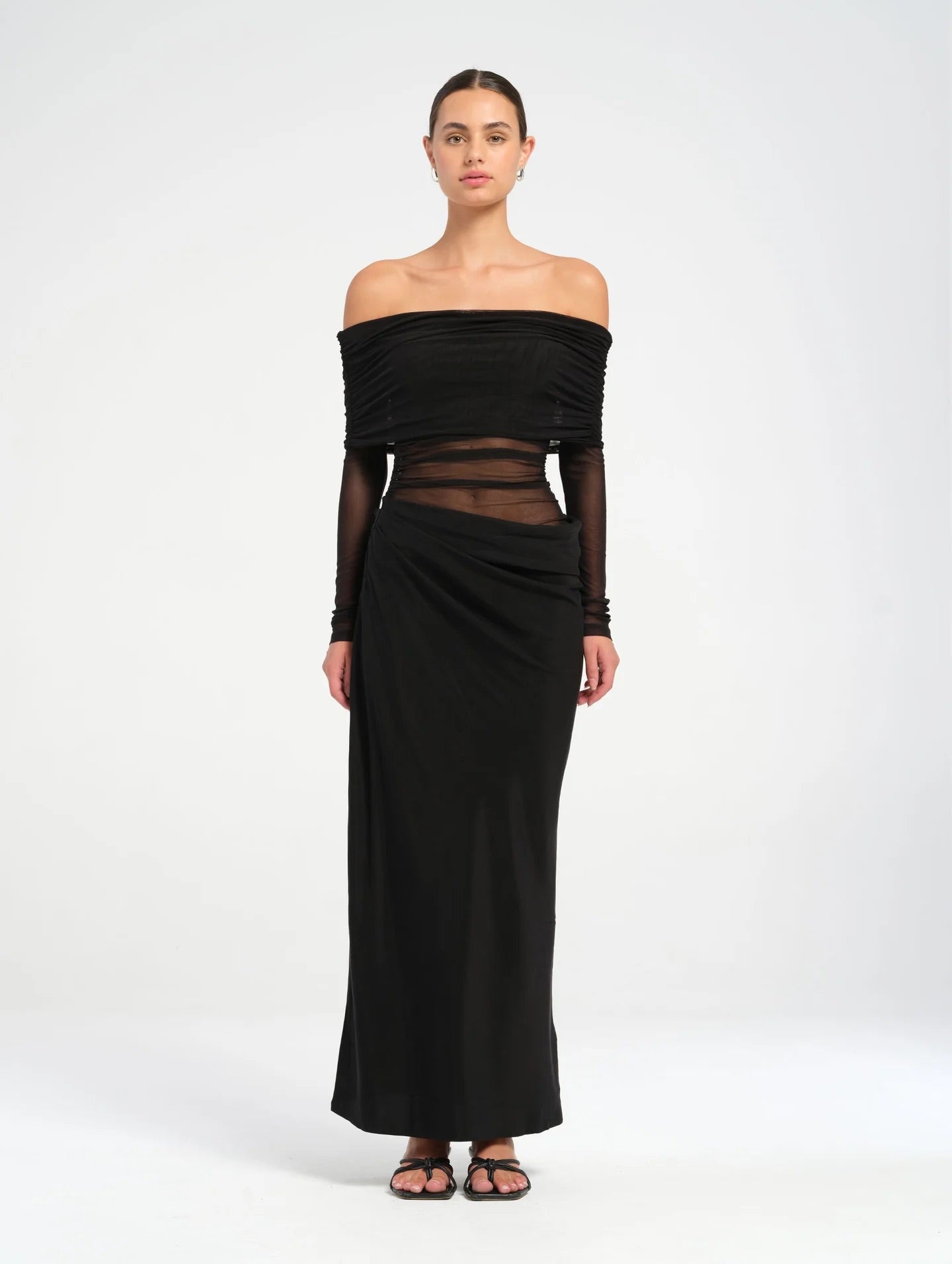yasmin maxi dress Bodycon Diagonal tiered seam detailing along the full Yasmin Off-Shoulder Maxi Dress